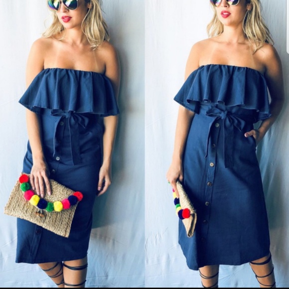 Off Shoulder Navy Dress - Picture 1 of 4